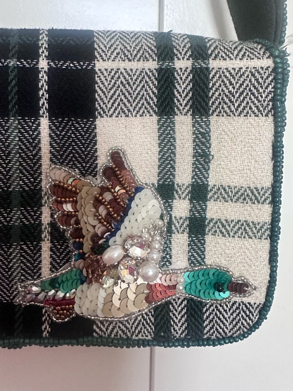 Anthropologie Plaid Sequin Bird Shoulder Bag - Green, Cream, Brown, Silver Fall - Picture 4 of 8